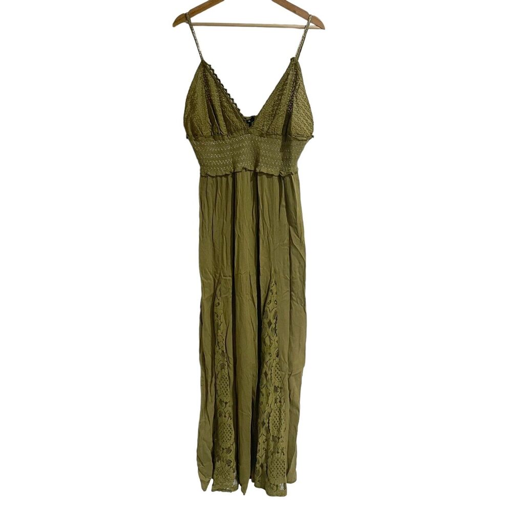 River island Khaki Green Lace Cami Jumpsuit Size Large Wide Leg Lace Trim